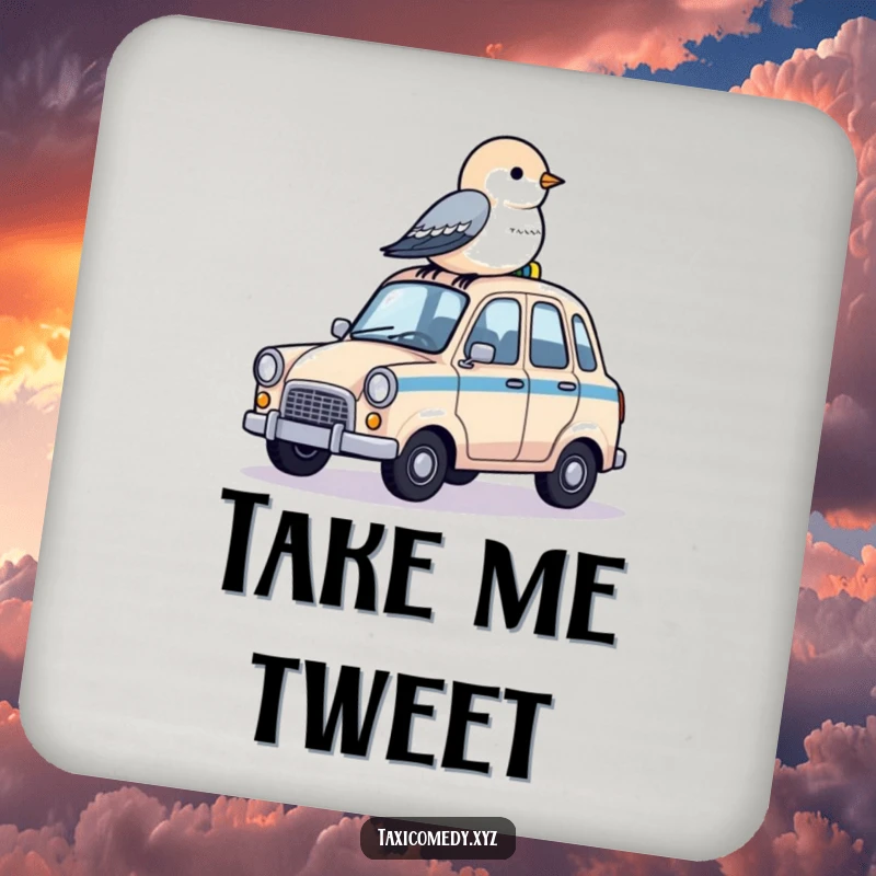 Funny drink coasters with a small bird perched on a tiny taxi roof, protecting surfaces.
