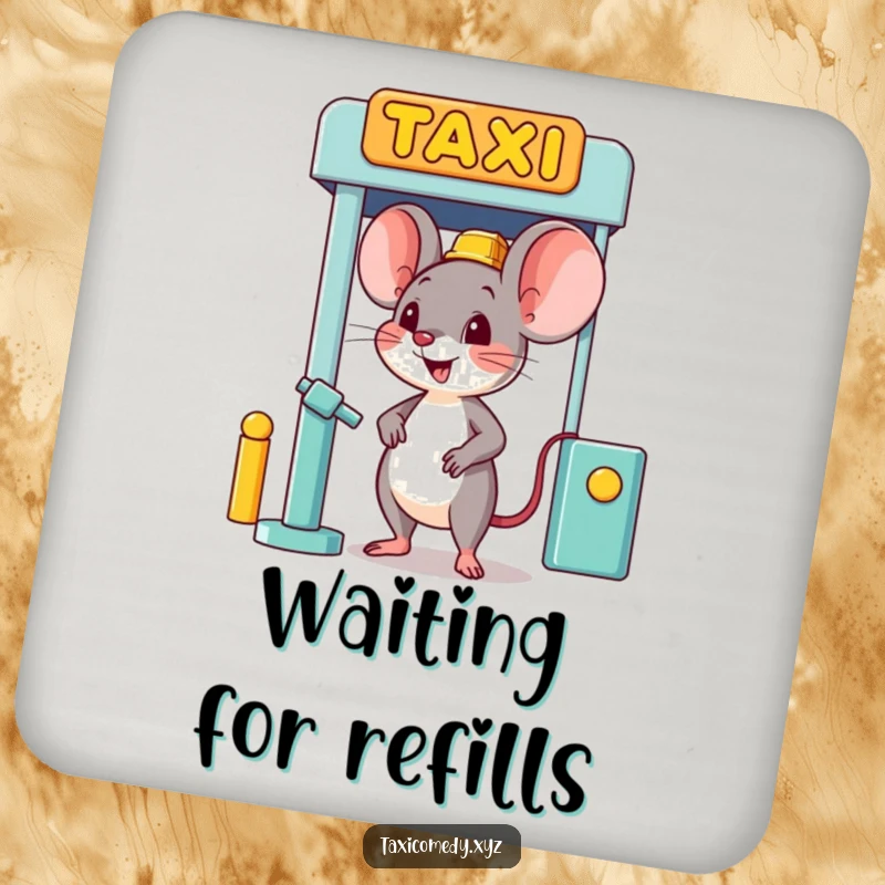 Funny happy mouse character humorously waiting at a taxi stand, protecting surfaces with a touch of wit.