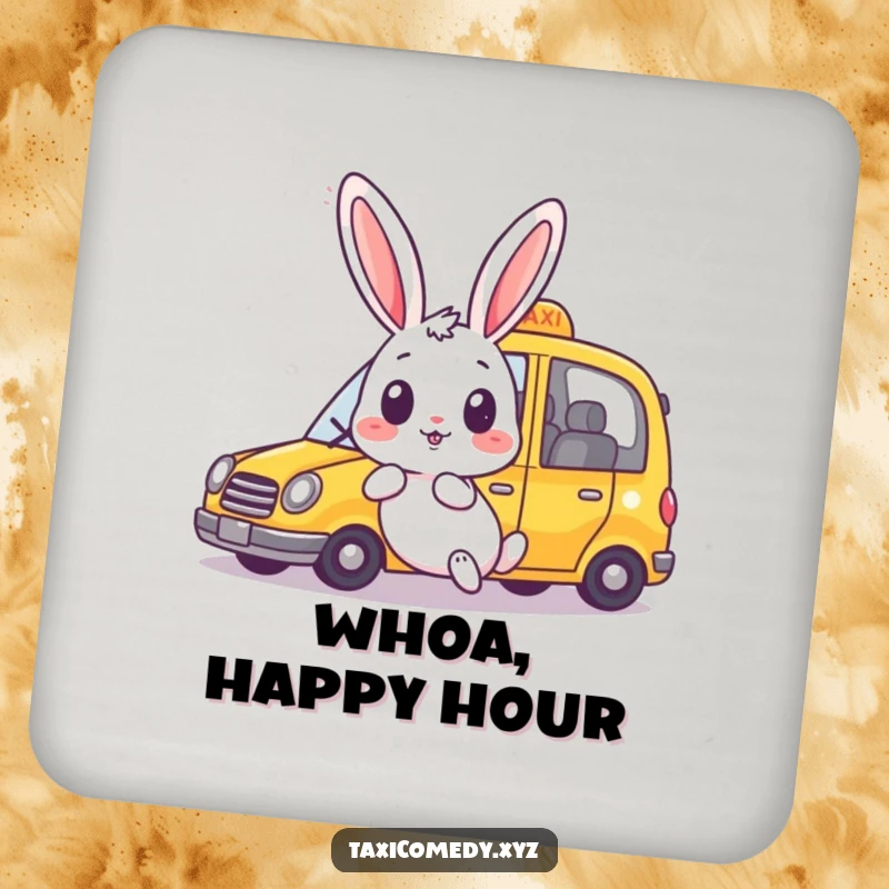 Funny rabbit drink coaster featuring a surprised bunny as a taxi speeds past happily. Protects surfaces with humor.