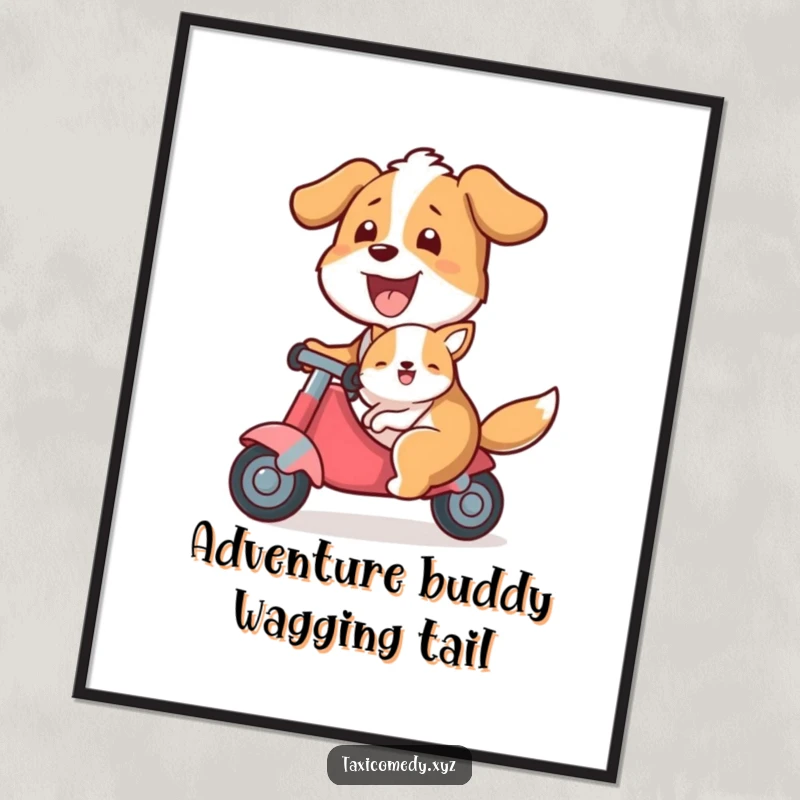 Funny poster depicting a dog excitedly giving a ride to a smaller animal passenger, a humorous and charming piece for wall decor.