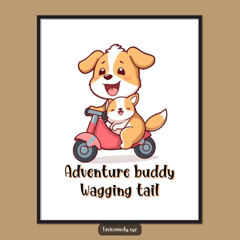 Funny Dog Taxi Poster: Adorable Canine Driver with Passenger, a Whimsical Funny Wall Art Gift!