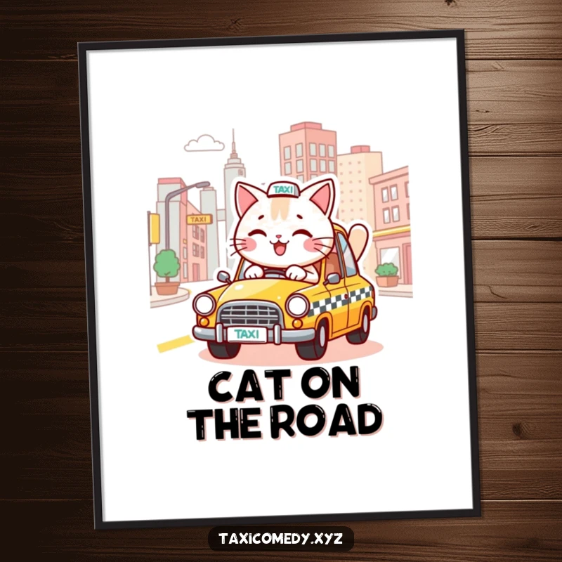 Funny poster art of a cheerful cat driving a taxi through stylized city streets, bringing a sense of fun to any space.