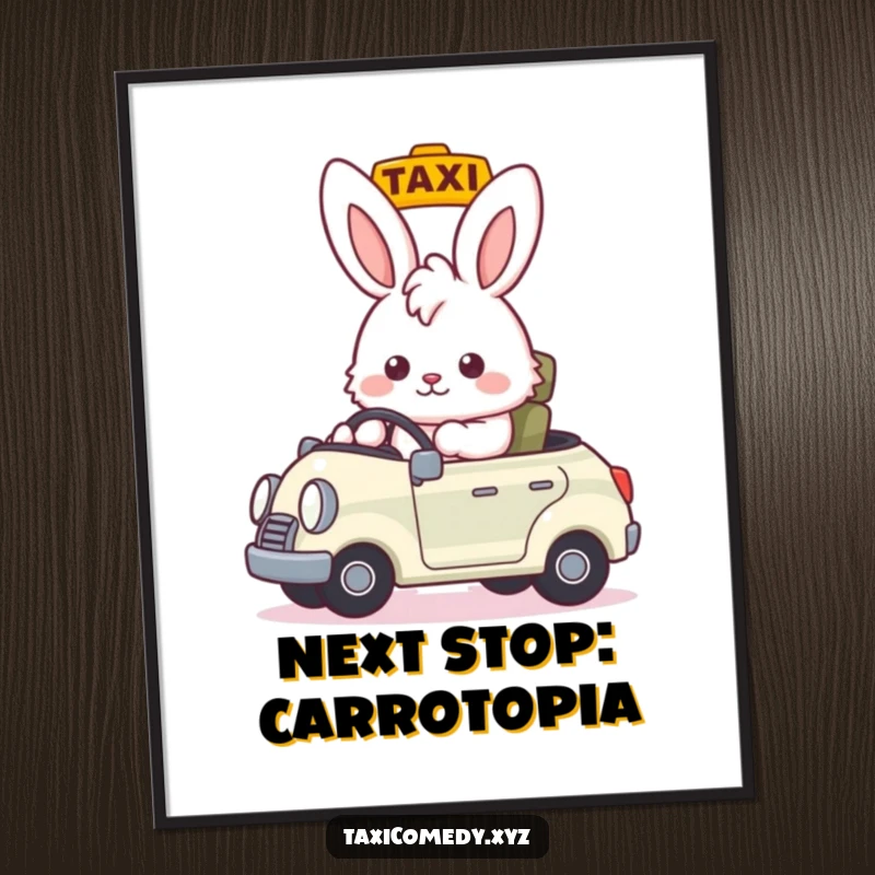 Funny fluffy bunny signaling directions as taxi driver, nodding invitingly, artistic funny gift for decor lovers.