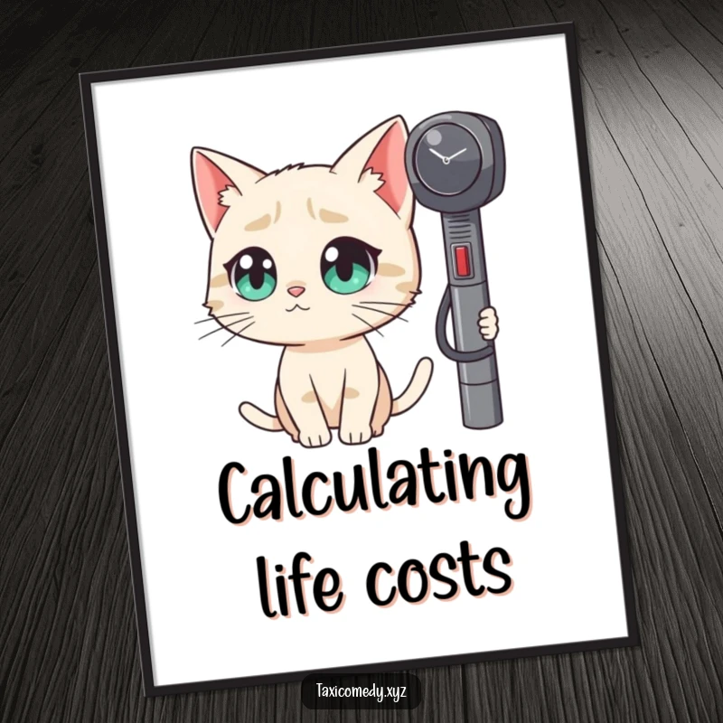 Funny poster art of a big-eyed cat looking curiously at a taxi meter, designed to bring humor to any room.