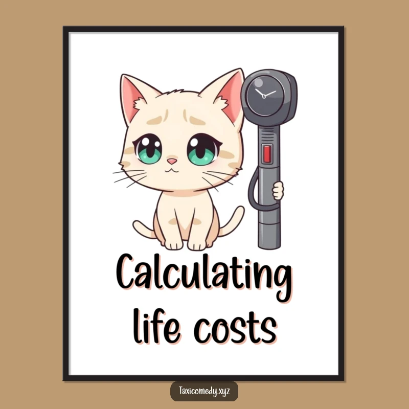 Funny Cat Taxi Meter Curiosity Poster - Whimsical Wall Art Gift Idea