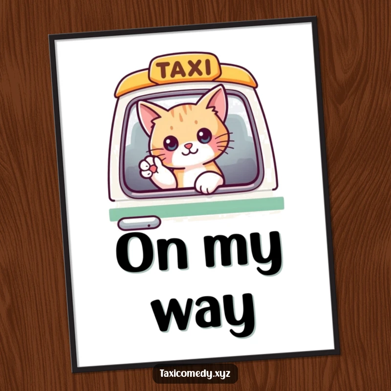 Funny cat looking out of a car window, waving its paw, designed as a humorous wall poster.