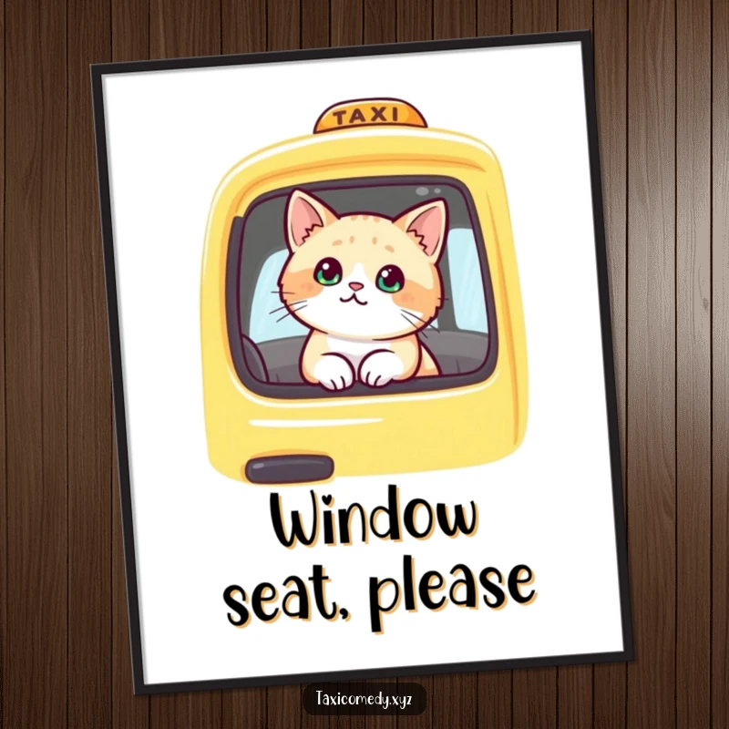 Funny cat peeking out of a yellow taxi window, creating a whimsical scene. This poster captures a moment of everyday magic, perfect for wall decor.