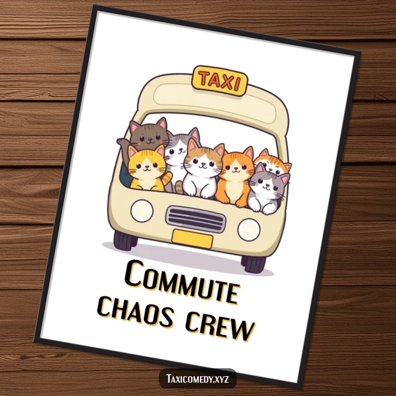 Funny cat taxi poster featuring a cheerful group of cats packed into a vehicle, creating a humorous and heartwarming scene.