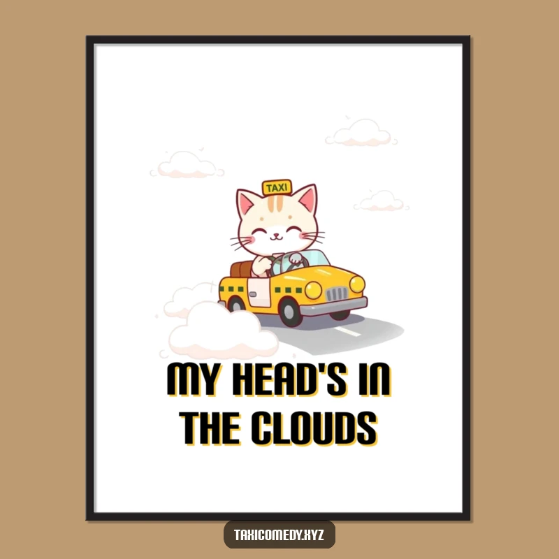 Funny Cloud Taxi Cat Poster - Surreal & Whimsical Wall Art