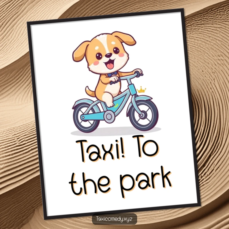Funny dog artistically depicted pedaling a miniature taxi like a bicycle, vibrant wall art.