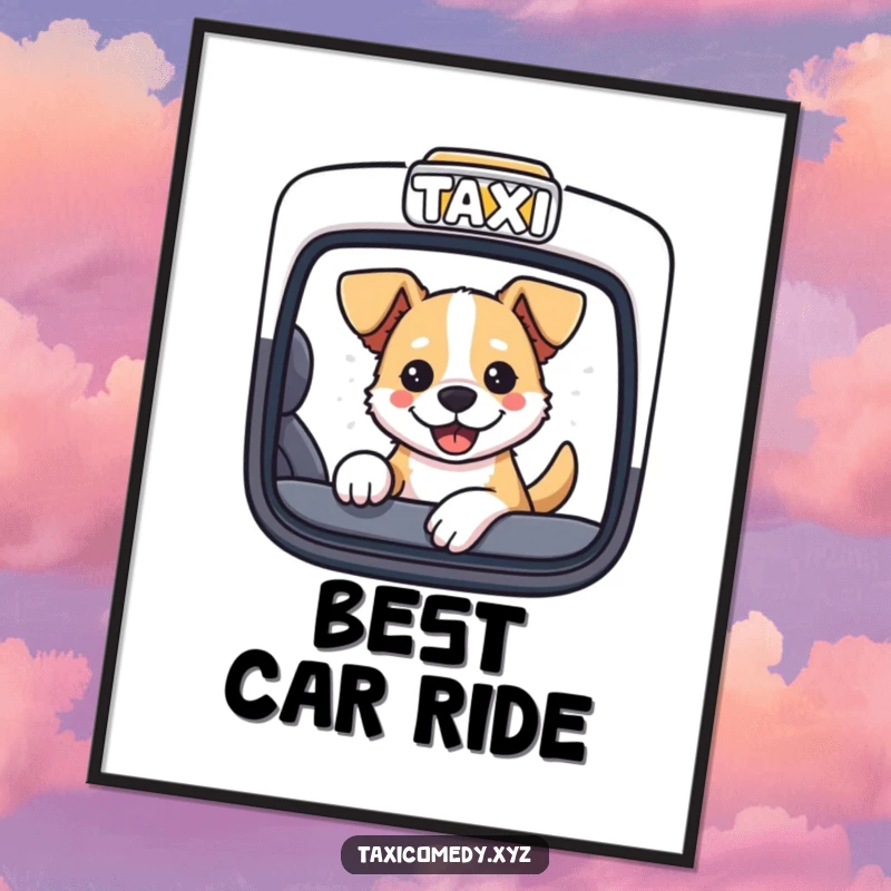 Playful dog with head out of a taxi window, looking happy, humorous artwork for a wall poster.