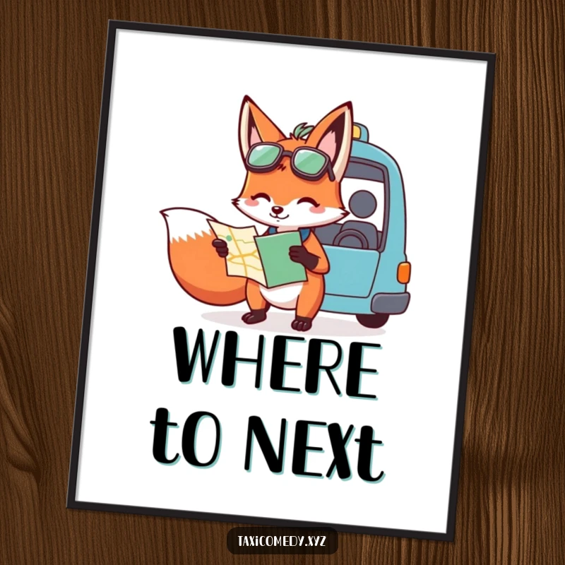 Funny poster print of a fox holding a map and providing clear, humorous directions to a taxi driver, adding a quirky and intelligent touch to decor.