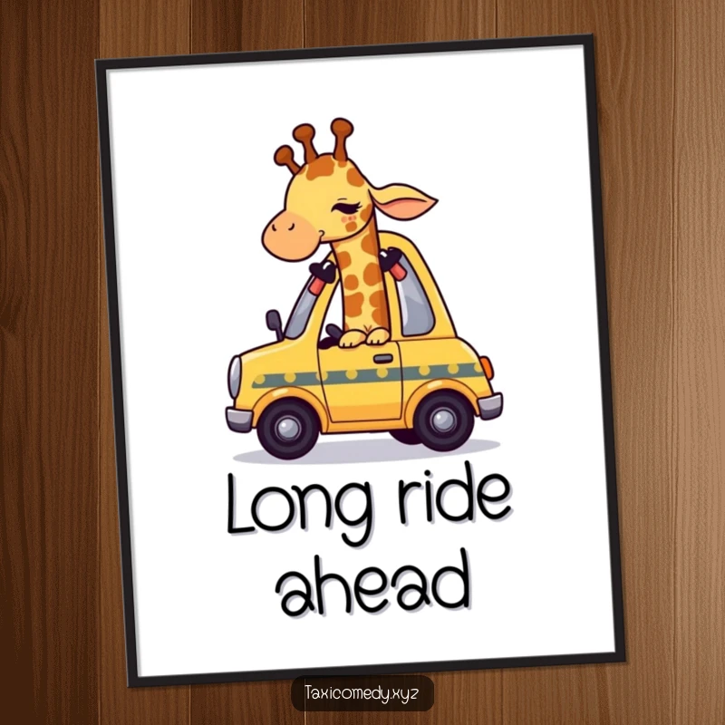 Funny giraffe character humorously squeezing into a small yellow taxi, adding comedic charm to wall decor.