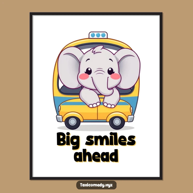 Funny Happy Elephant Taxi Poster: Joyful Animal Art for a Cheerful Home
