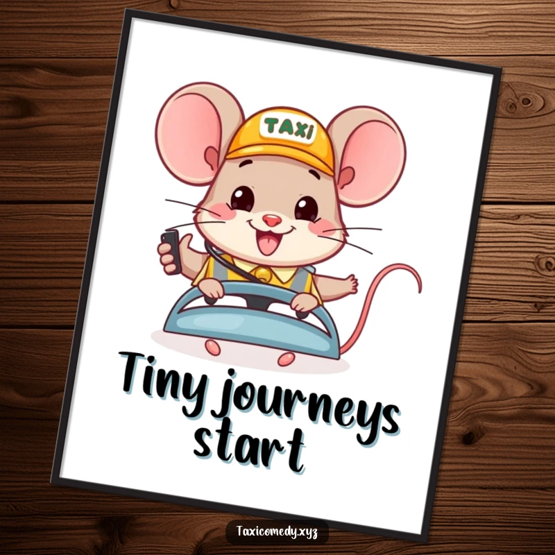 Funny poster art: a happy mouse wearing a headset cheerfully dispatches taxis, a vibrant and amusing scene for wall decor.