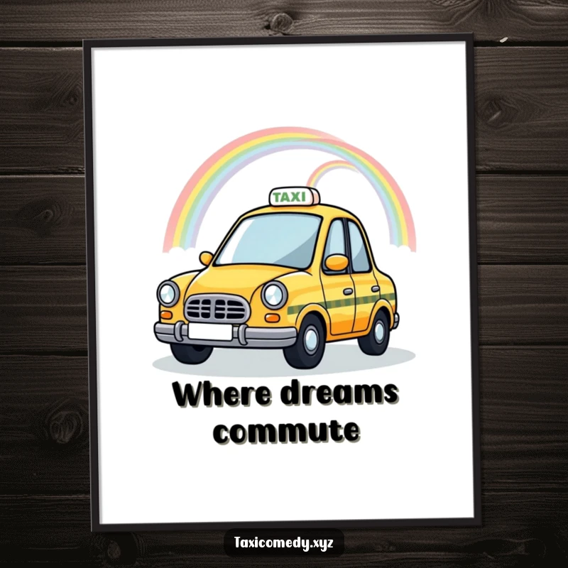 Funny Magical Taxi Poster showcasing a taxi cab with a vibrant rainbow arching over its roof, bringing magical and whimsical humor to any room.