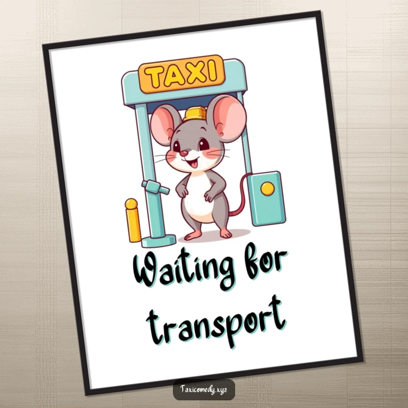 Funny happy mouse character humorously waiting at a taxi stand, adding cheerful decor to walls.
