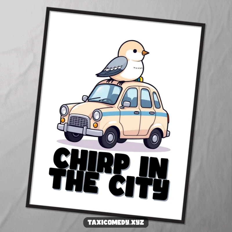 Funny poster art of a small bird peacefully perched on the roof of a miniature taxi.