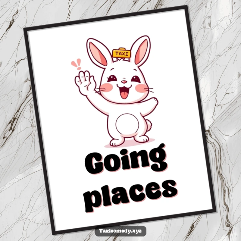 Funny rabbit character humorously hailing a taxi, bringing a cheerful and comedic vibe to wall art.