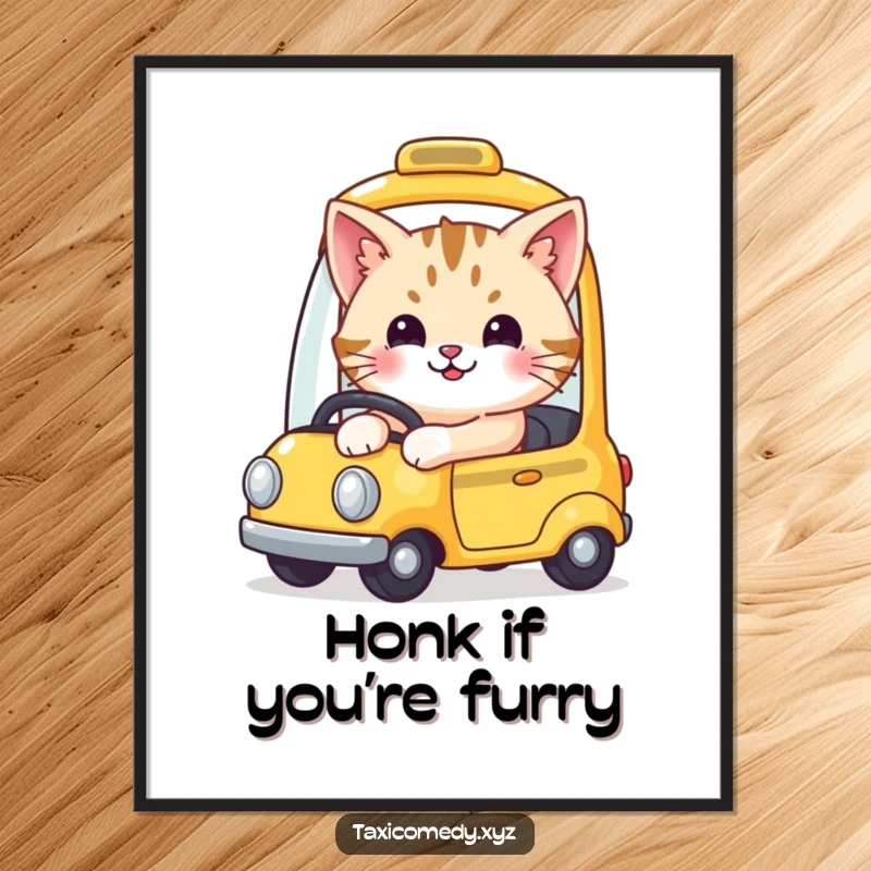 Funny poster art of a cute, smiling cat driving a tiny yellow taxi, radiating happiness and whimsy.