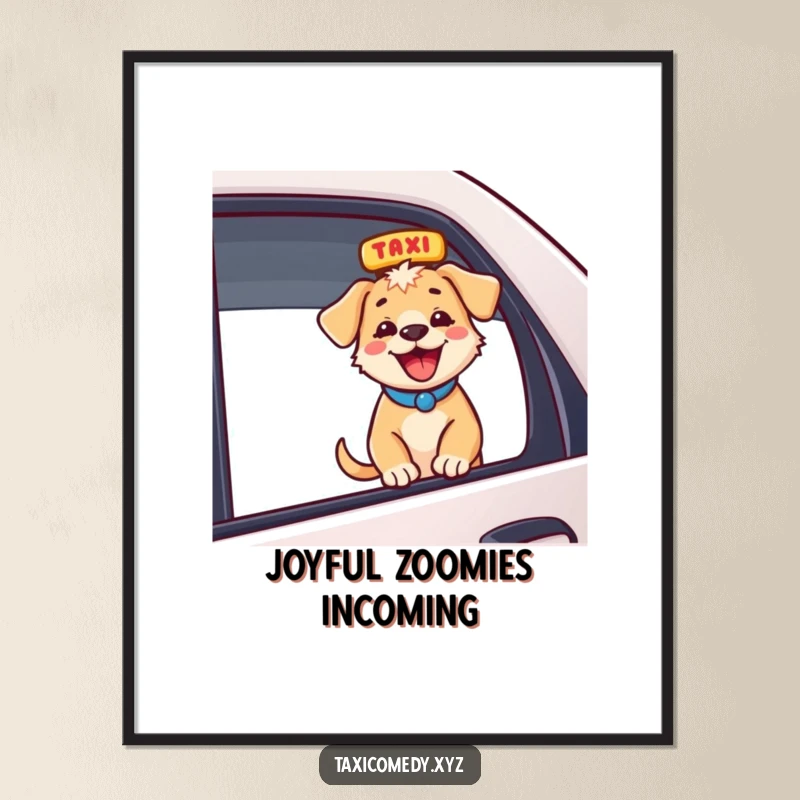 Funny energetic puppy exploring taxi from window, barking gleefully, artistic funny gift for dog enthusiasts.