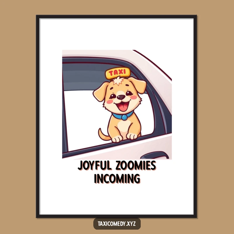 Funny Energetic Puppy Taxi Poster: Vibrant Wall Art and Hilarious Gift