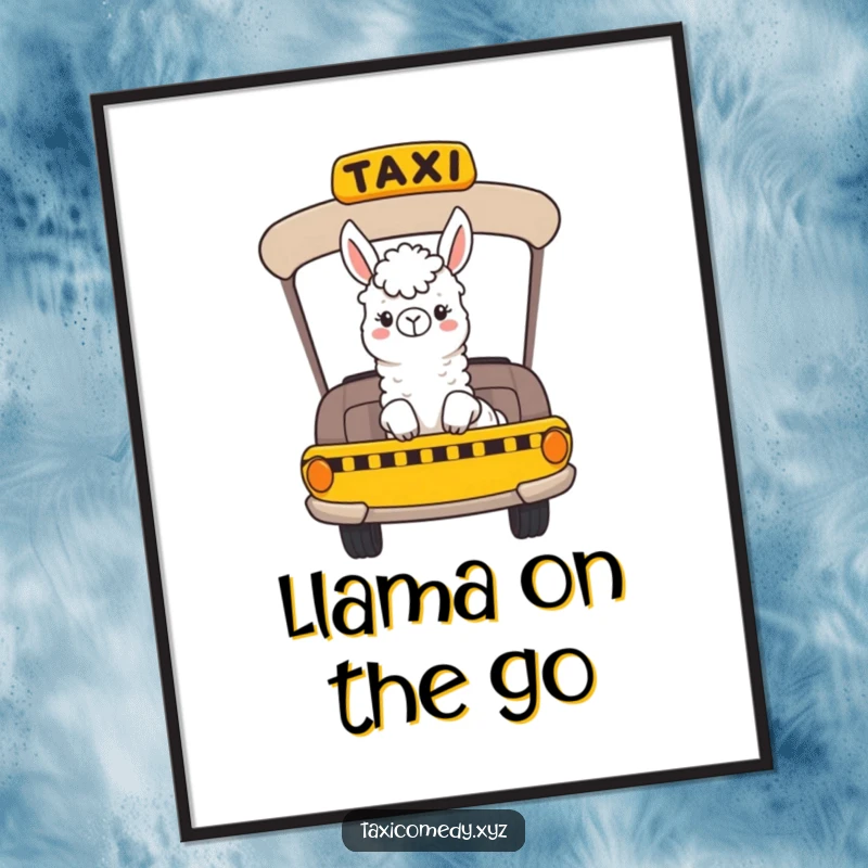 Funny poster art of a cheerful llama character riding in a taxi, looking out the window with a happy and curious expression.