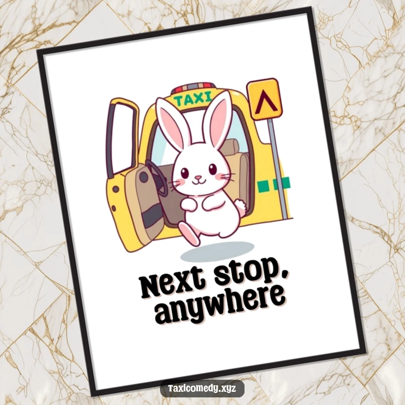 Excited rabbit hopping into a taxi, whimsical artwork for a humorous wall poster.