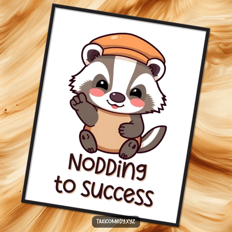 Funny poster art of a badger character showing a happy, grateful nod after paying for a taxi, embodying polite travel.