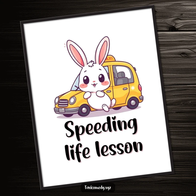 Funny rabbit poster depicting a surprised bunny watching a taxi speed past happily. Whimsical wall art for any room.
