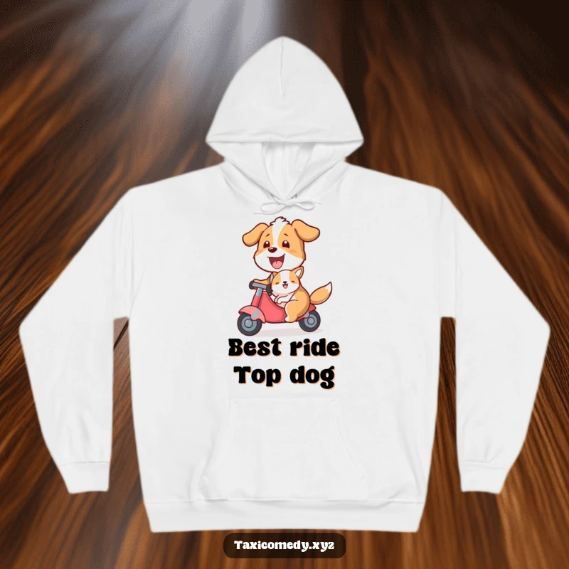 Funny hoodie showing a dog happily giving a ride to a smaller animal passenger, a warm and humorous design for pet lovers.