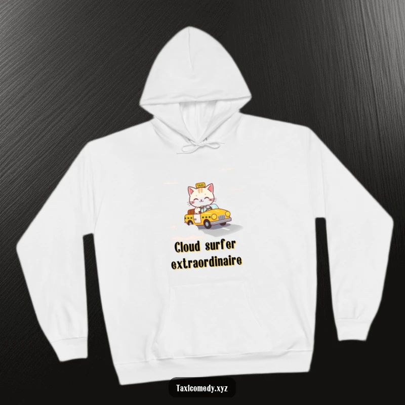 Funny hoodie depicting a cat steering a taxi along a surreal road made entirely of ethereal clouds.