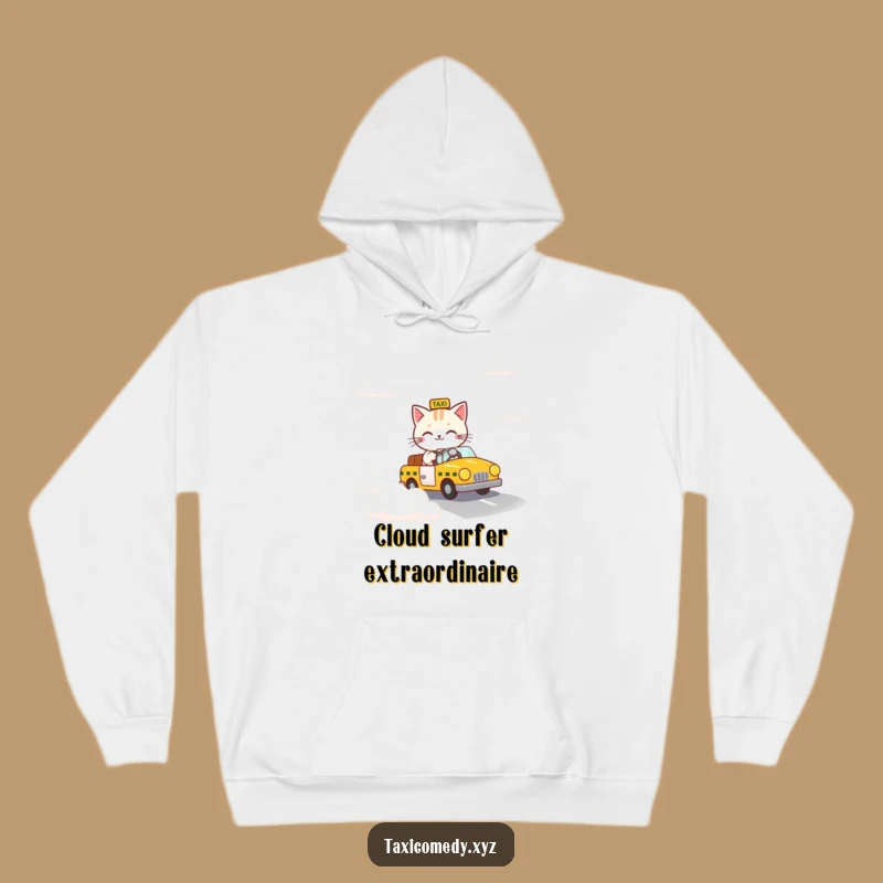 Funny Cloud Taxi Cat Hoodie - Cozy Surreal Feline Comfort Wear