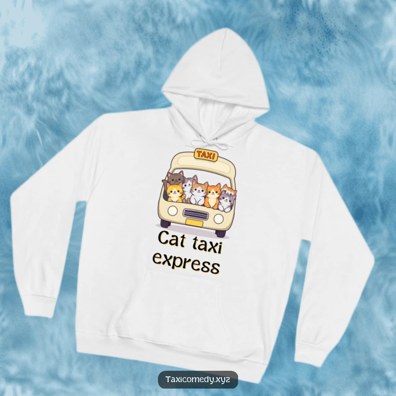 Funny cat taxi hoodie showing a cheerful group of cats packed into a vehicle, embodying the fun and camaraderie of a shared ride.