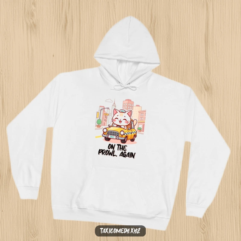 Funny hoodie with a smiling cat character driving a taxi down stylized city streets, perfect for casual, humorous wear.
