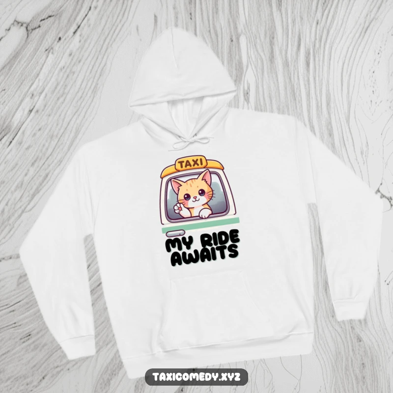 Funny cat with head out of a taxi window, waving enthusiastically, on a soft and warm hoodie.