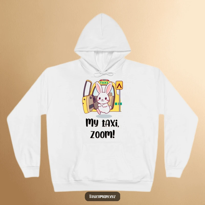 Eager rabbit hopping into a taxi, designed for warmth and humor on a soft hoodie.