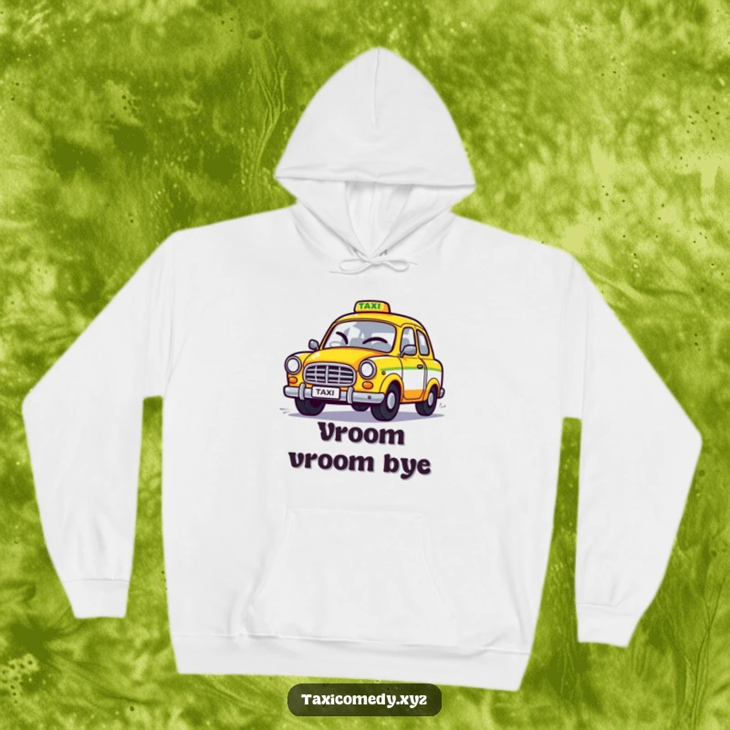 Funny hoodie featuring a stylized taxi winking with a playful demeanor as it accelerates, bringing humor and warmth to your wardrobe.