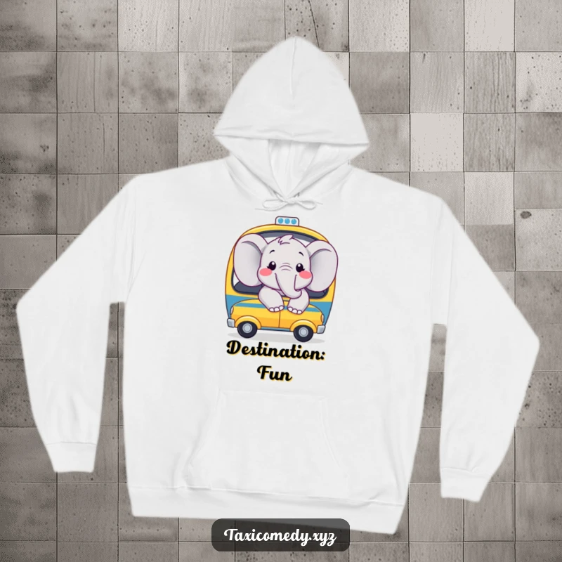 Funny hoodie of a joyful elephant with big smiles, looking out the window of a toy taxi, offering warmth and cheer.