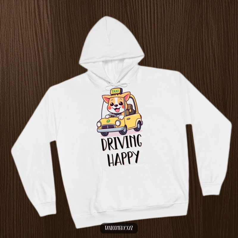 Funny hoodie design of a cheerful dog character driving a small taxi with a big smile, perfect for cozy humor.