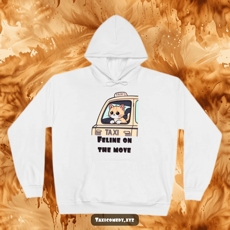 Funny Cat hoodie featuring a cat passenger with its head joyfully out of a taxi window, offering warmth and a touch of whimsy. Cozy item.