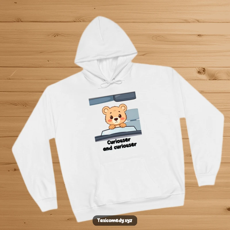 Funny bear cub taxi hoodie, soft comfortable hoodie with a curious bear cub peeking out, warm and humorous.