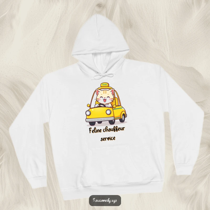 Funny Cat Hoodie: A happy cat is driving a bright yellow, open-top taxi.