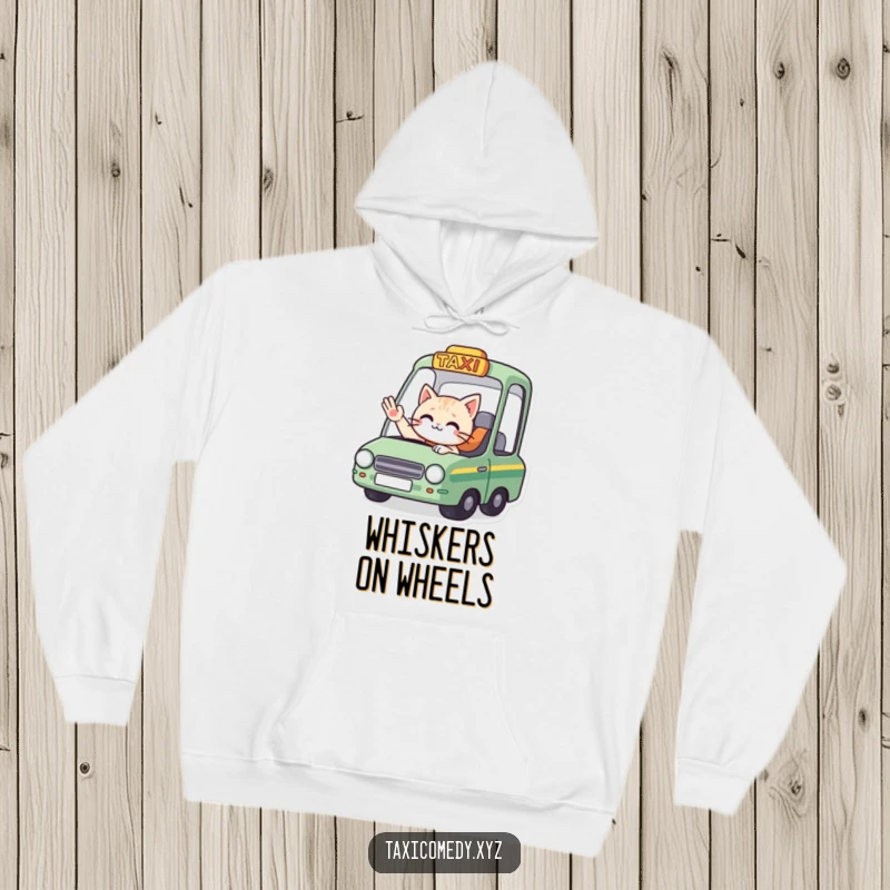 Funny hoodie art: a cat driver in a taxi waves goodbye, offering cozy and comical farewell vibes for travelers.