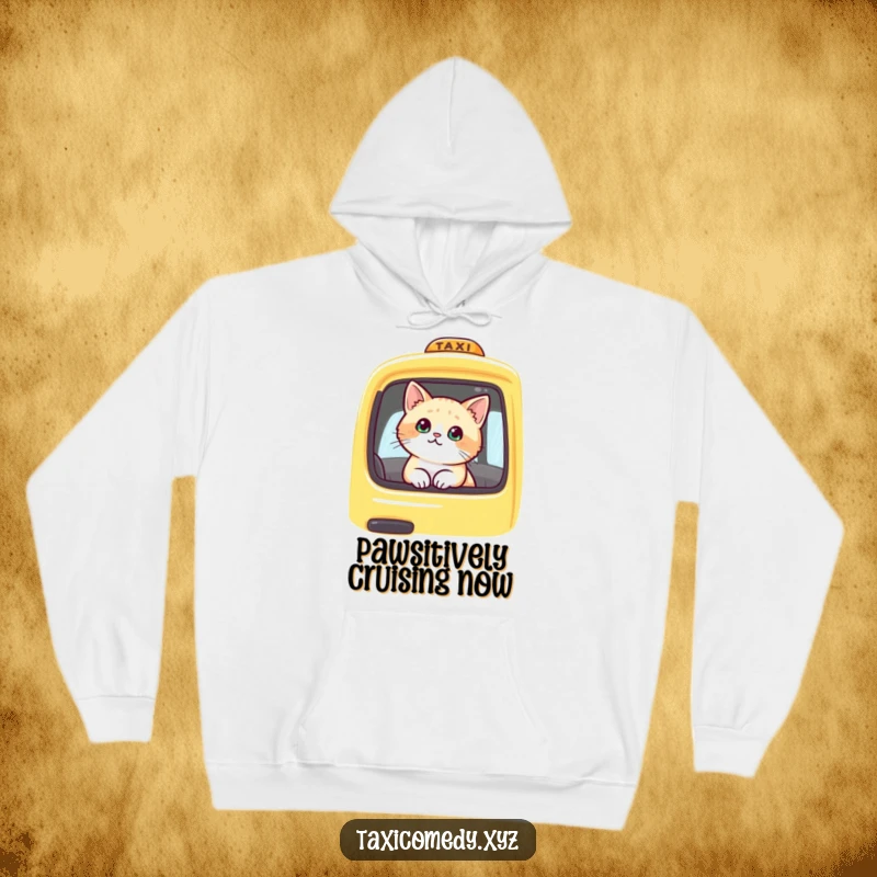 Funny cat inside a yellow taxi, observing the world outside. This hoodie offers a warm embrace and a smile, showcasing a charming feline passenger.