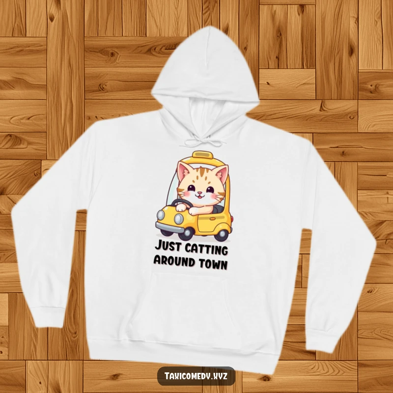 Funny yellow taxi hoodie displaying a cute, smiling cat joyfully operating a miniature taxi, perfect for cozy humor.