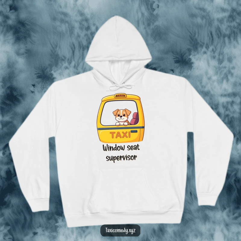 Funny dog in taxi hoodie, cute dog peering out car window, colorful taxi interior, warm and humorous winter apparel.