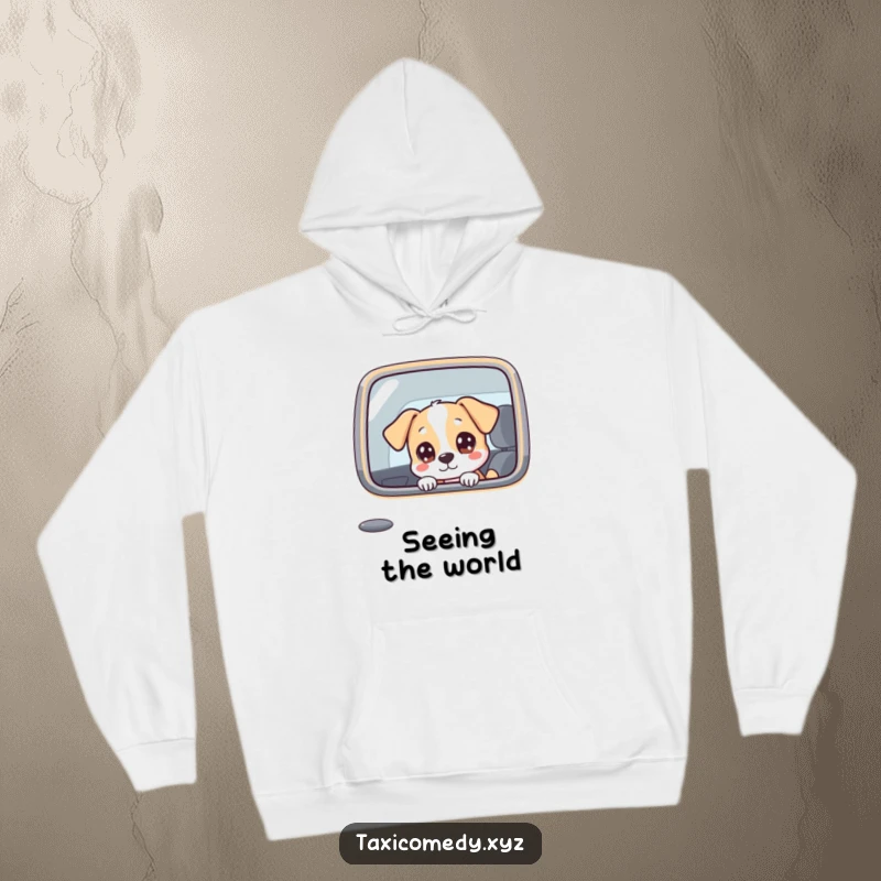 Funny dog character peering curiously out of a taxi window, perfect for a humorous and cozy feel.