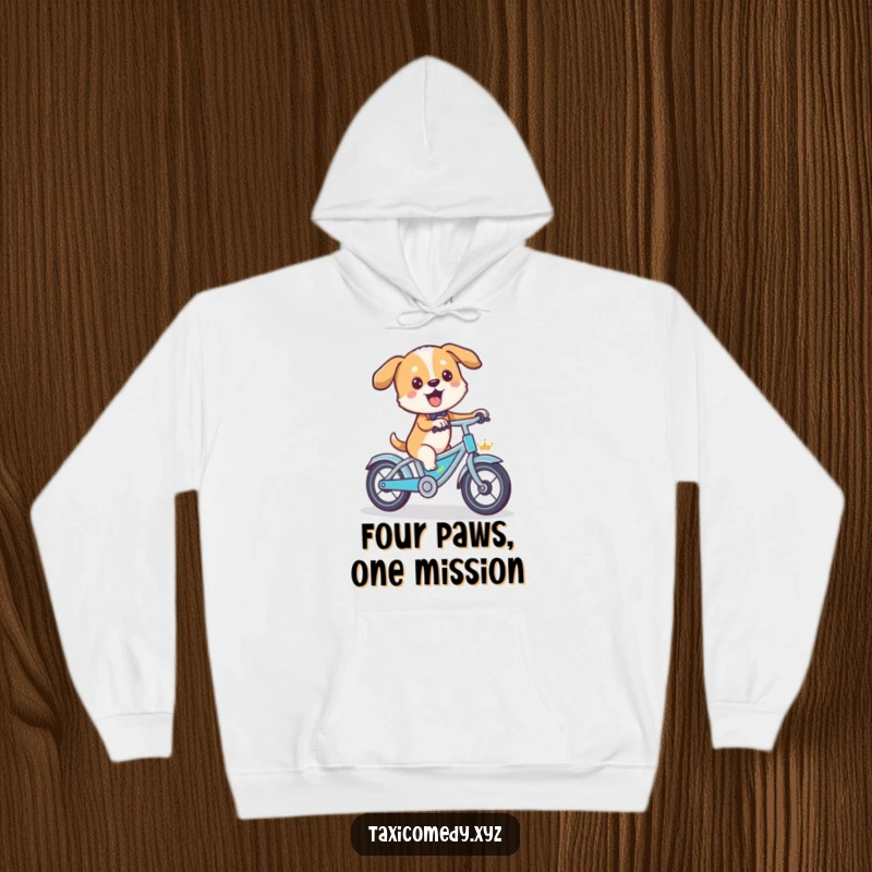 Funny dog driving a bicycle-powered taxi, a cozy and amusing hooded sweatshirt for humor lovers.
