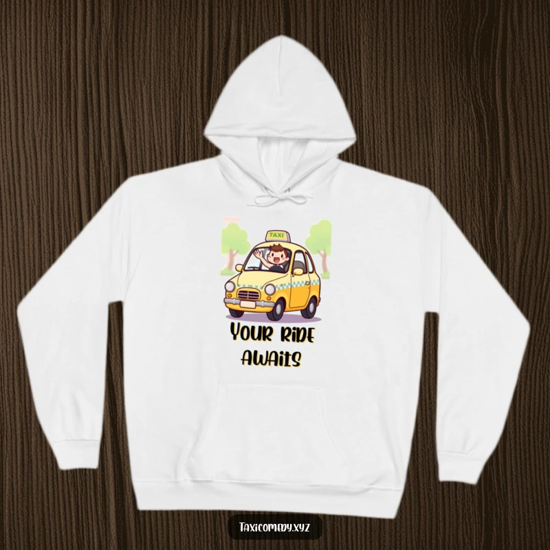 Funny hoodie with an excited taxi driver waving from the window, perfect for fans of friendly rides and humor.